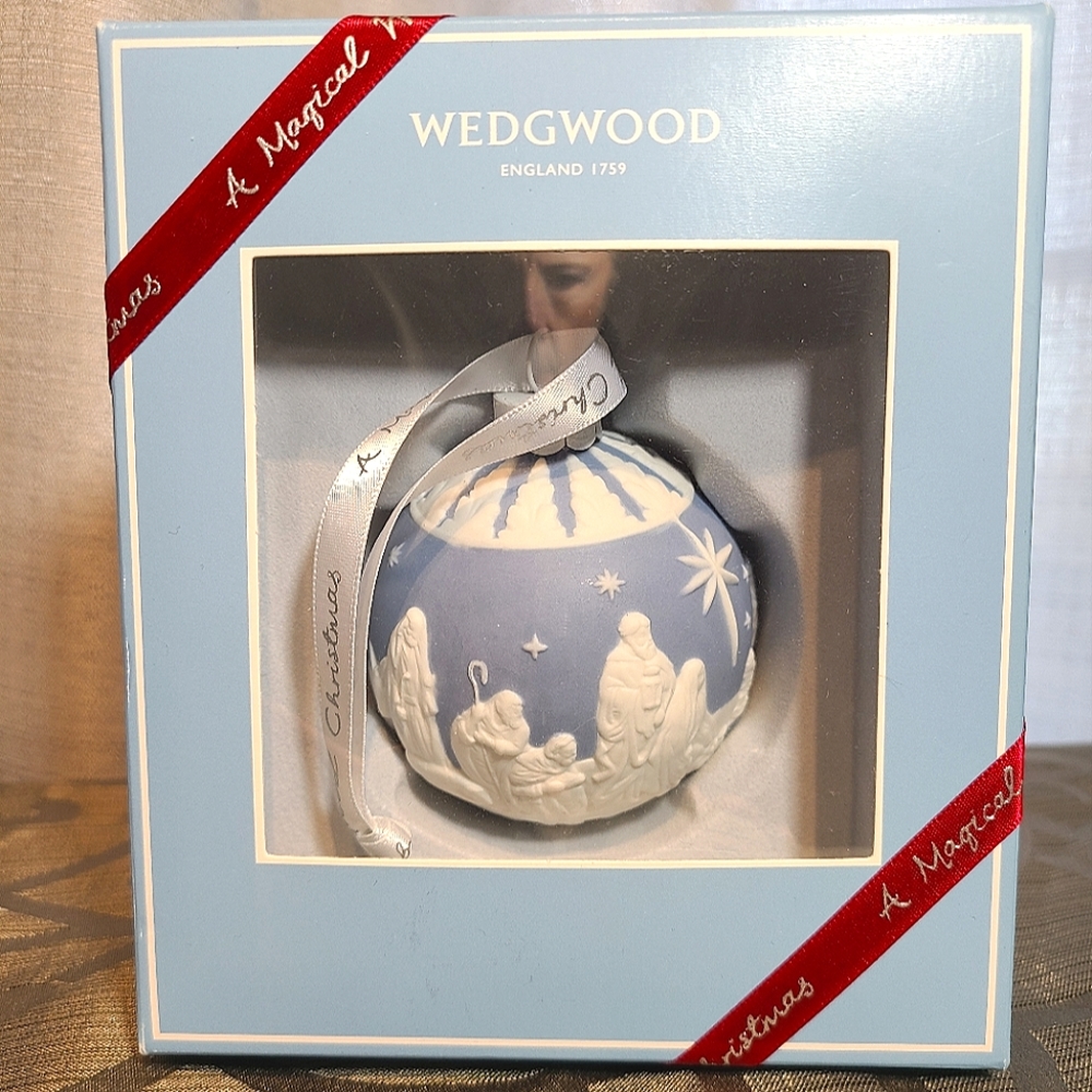 Wedgwood Nativity Christmas Ornament  Blue White in Box Jasper Ware Bauble